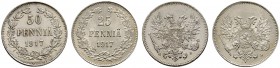 Ausländische Münzen und Medaillen 
 Finnland (unter russischer Herrschaft) 
 Nikolaus II. 1894-1917 
 Lot (2 Stücke): 50 und 25 Penniä 1917 -Helsin...