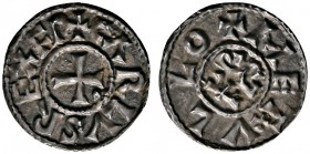 Ausländische Münzen und Medaillen 
 Frankreich-Karolinger 
 Karl der Kahle 843-877 
 Denar -Melle-. CARLVS REX FR um Kreuz / +MET+VLLO um Karolus- ...