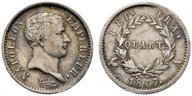 Ausländische Münzen und Medaillen 
 Frankreich-Königreich 
 Napoleon I. 1804-1815 
 Quart (1/4 Franc tete de négre) 1807 -Paris-. Gad. 348.
 selte...