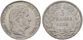 Ausländische Münzen und Medaillen 
 Frankreich-Königreich 
 Louis Philippe 1830-1848 
 5 Francs 1838 -Rouen-. Gad. 678, Dav. 91.
 selten in dieser...
