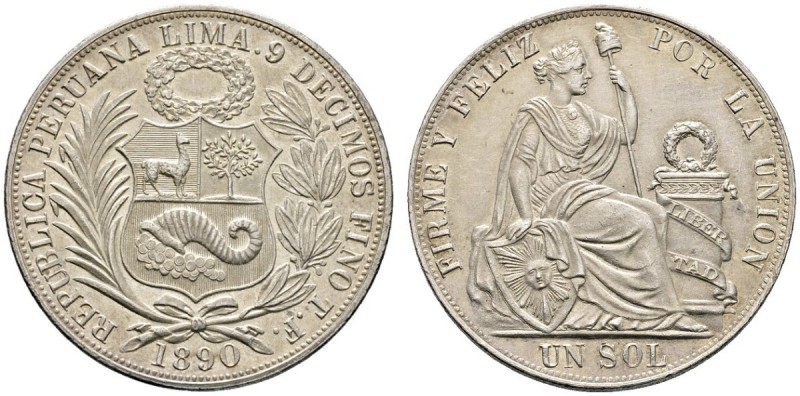 Ausländische Münzen und Medaillen 
 Peru 
 Republik 
 (Un) Sol 1890 -Santiago...