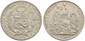 Ausländische Münzen und Medaillen 
 Peru 
 Republik 
 (Un) Sol 1890 -Santiago- (TF). KM 196.24.
 prägefrisch