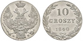 Ausländische Münzen und Medaillen 
 Polen 
 unter Rußland 
 10 Groszy 1840 -Warschau-. Kopicki 9387, Gum. 2541, Bitkin 1182.
 Prachtexemplar, fast...