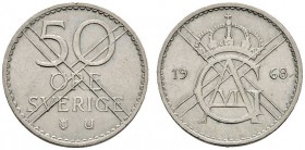 Ausländische Münzen und Medaillen 
 Schweden 
 Gustav VI. Adolph 1950-1973 
 50 Öre- Probe (Provmynt) 1968. HH P18.
 selten, vorzüglich
