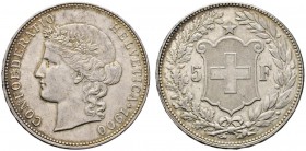 Ausländische Münzen und Medaillen 
 Schweiz-Eidgenossenschaft 
 5 Franken 1900 -Bern-. DT 297, HMZ 2-1198i, Dav. 392.
 seltener Jahrgang, leichte T...