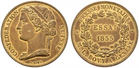 Ausländische Münzen und Medaillen 
 Schweiz-Eidgenossenschaft 
 5 Franken- PROBE in Messing 1855 von M.L. Bovy in Genf. Frauenbüste mit Haarband nac...