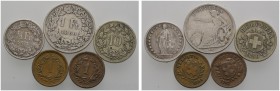 Ausländische Münzen und Medaillen 
 Schweiz-Eidgenossenschaft 
 Lot 5 Stücke): Kleinmünzen besserer Jahrgänge und Typen. 1 Franken 1860, 1/2 Franken...