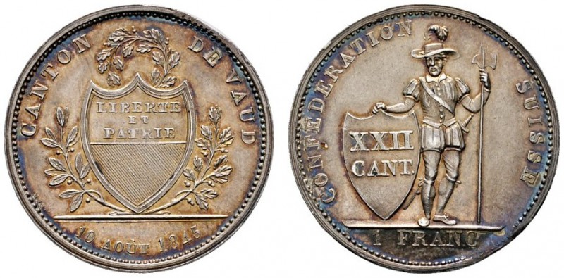 Ausländische Münzen und Medaillen 
 Schweiz-Waadt 
 1 Franken 1845. DT 227, HM...