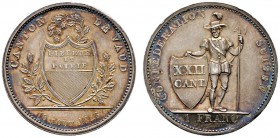 Ausländische Münzen und Medaillen 
 Schweiz-Waadt 
 1 Franken 1845. DT 227, HMZ 2-1001b.
 Prachtexemplar mit herrlicher Patina, fast Stempelglanz D...