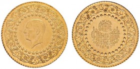 Ausländische Münzen und Medaillen 
 Türkei 
 Republik ab 1923 
 50 Piaster-Luxusprägung 1961. Kemal Atatürk. Schl. 1106, Fr. 97. 3,44 g
 fast Stem...