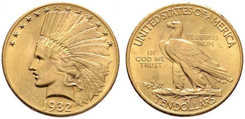 Ausländische Münzen und Medaillen 
 USA 
 10 Dollars 1932 -Philadelphia-. Indi...