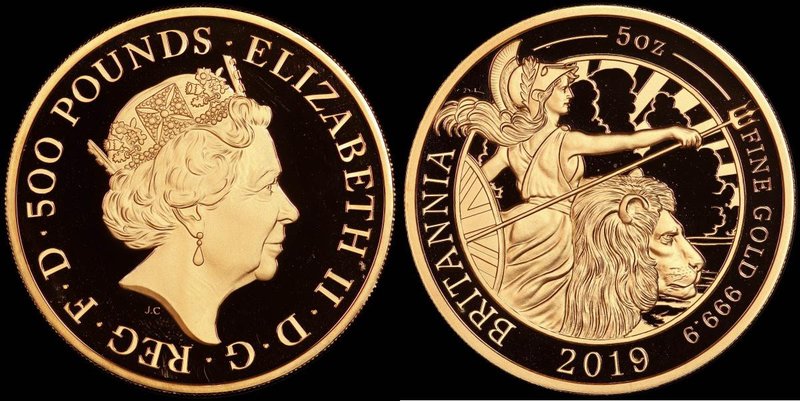 Five Hundred Pounds 2019 Britannia Five Ounce (.999 Fine) Gold Proof, in an over...