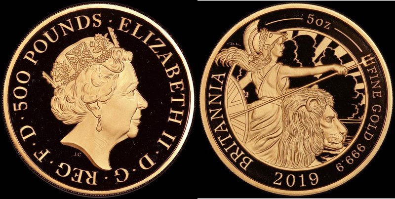 Five Hundred Pounds 2019 Britannia Five Ounce (.999 Fine) Gold Proof, in an over...