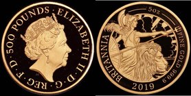 Five Hundred Pounds 2019 Britannia Five Ounce (.999 Fine) Gold Proof, in an oversized PCGS holder, choice and graded PR69 Deep Cameo