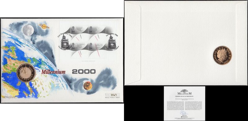 Numismatic First Day Cover Millennium comprising Five Pound Crown 1999 Gold Proo...