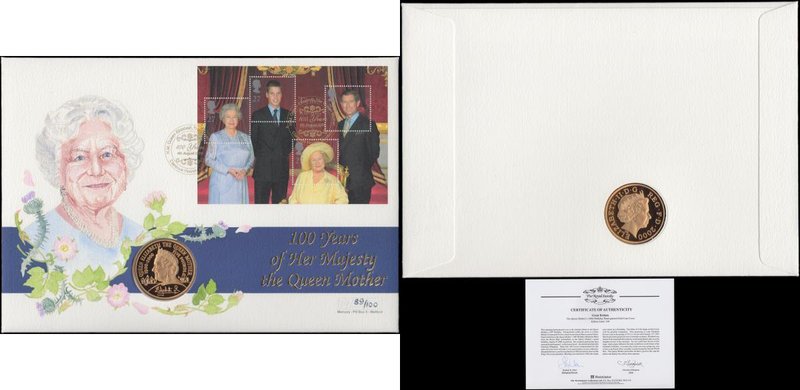 Numismatic First Day Cover Queen Mother 100th Birthday comprising Five Pound Cro...