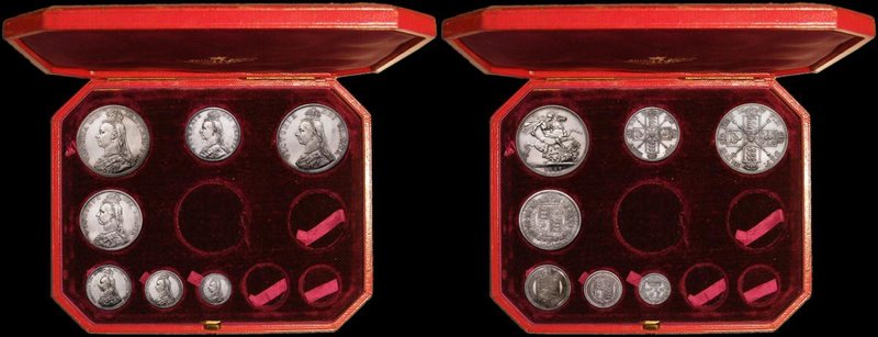 Proof Set 1887 (7 coins) Silver Set Crown, Double Florin (Arabic 1), Halfcrown, ...