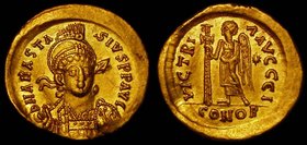 Byzantine Gold Solidus Anastasios I 491-518AD, Constantinople Mint (4.41 grammes) Obverse: Helmeted bust three-quarters right, facing/ Reverse: Angel ...