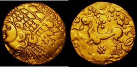Celtic Gold Stater. Gallo-Belgic imported coinage. C.150 BC - 50 BC. Gallo-Belgic A (Ambiani) Obverse: Laureate head left. Reverse: Horse left with or...