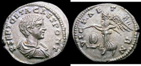 Roman Denarius Geta Caesar 198-209AD Obverse: P.SEPT GETA CAES PONT Bare-headed bust draped, right, Reverse: VICT . AERN Victory hovering left, shield...