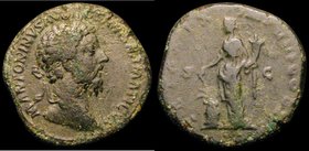 Sestertius Marcus Aurelius Reverse: Salus standing left, holding patera and cornucopia, 20.27 grammes, about Fine with some green patina