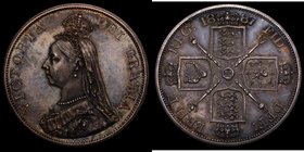 Double Florin 1887 Roman 1 Proof ESC 394A, Bull 2696 UNC with attractive blue/grey toning over mint brilliance, the odd contact marks and hairline pre...
