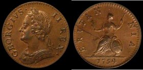 Farthing 1754 Peck 892 UNC and choice with attractive toning and traces of lustre in the legends, in an LCGS holder and graded LCGS 82, the finest kno...