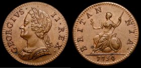 Farthing 1754 Peck 892 UNC and pleasantly toned, in an LCGS holder and graded LCGS 80, the second finest known of 12 examples thus far recorded by the...