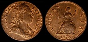 Farthing 1773 Obverse 2 Peck 913, UNC with some lustre, in an LCGS holder and graded LCGS 82, the finest known of 11 examples thus far recorded by the...
