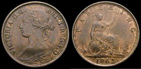 Farthing 1862 Fat 8 in date, NEF and a very rare type, unlisted by Freeman or Peck, but listed as a separate type in the Cooke Collection