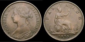 Farthing 1875H 5 Berries in wreath, with full brooch, perfect E in REG, Freeman 530 dies 3+C NVF/GF, Very Rare and rated R17 by Freeman, we note a sim...