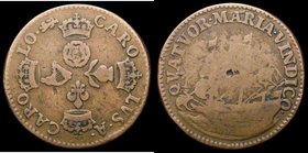 Farthing Charles II Pattern in Copper, Obverse: Rose, Thistle, Lis and Harp cruciform CAROLVS . A. CAROLO, Reverse: a Three masted Ship sailing left. ...