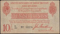 Ten Shillings Bradbury T12.2 De La Rue Red five digit serial and type 2 with number "1" accompanying prefix letter issue 1915 serial number K1/80 3332...