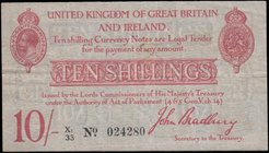 Ten Shillings&nbsp;Bradbury&nbsp;T13.2&nbsp;Waterlow Red Six Digit serial type 2 small number "1" accompanying letter prefix issue 1915 serial number ...