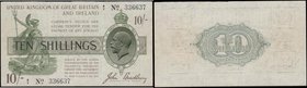 Ten Shillings Bradbury T18 Third Issue Dash in No. 1918 serial number A/7 336637 and A being the only prefix for this type. Green, lilac and white, Br...