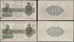 Ten Shillings Fisher 1919 issues (2) comprising the 2 varieties T25 Dot in No. serial number G/44 304115 along with T26 Dash in No. serial number F/96...