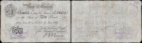 Ten Pounds Nairne White note B208c World War I dated 16th June 1915 serial number 33/K 24072 LONDON branch issue. Good Fine bank stamps one of which i...