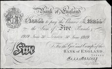 Five Pounds Harvey White note B209a dated 30th June 1919 serial number 67/H 38855 London branch issue VF - GVF Pinholes, Faint Annotations and an alwa...