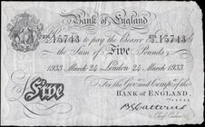 Five Pounds Catterns White note B228 dated 24th March 1933 serial number 270/J 15743 London branch issue about EF and an Exceptionally Scarce early si...