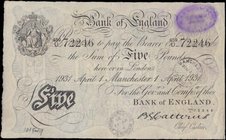 Five Pounds Catterns White note B228f dated 1 April 1931 serial number 459/U 72246 MANCHESTER branch issue. Black and white, ornate crowned vignette o...