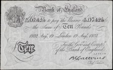 Ten Pounds Catterns World War II Operation Bernhard forgery White note similar to B229 dated 19th August 1932 serial number K/113 07425. Fresh, presen...