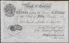 Fifty Pounds Catterns World War II Operation Bernhard forgery White note similar to B231 dated 15th June 1933 serial number 50/N 27955. EF Minor Rust ...