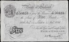 Five Pounds Peppiatt White note B241 dated 14th January 1936 serial number A/267 50323. Original and crisp EF and desirable