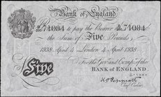 Five Pounds Peppiatt World War II German Operation Bernhard Forgery White note B241 dated 4th April 1938 serial number B/200 71084. A very fresh and c...