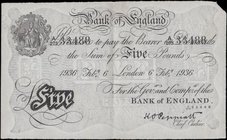 Five Pounds Peppiatt World War II German Operation Bernhard Forgery White note B241 dated 6th February 1936 serial number A/275 33488. A very fresh an...