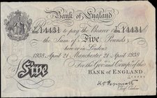 Five Pounds Peppiatt White note B241f dated 21st April 1938 serial number T/298 14431 MANCHESTER branch issue. Black and white, ornate crowned vignett...