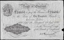 One Hundred Pounds Peppiatt White Note B245e dated 29th September 1936 serial number 96/Y 24591 LIVERPOOL branch issue GVF Inked Annotation and an Exc...