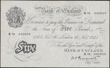 Five Pounds Peppiatt White note B255 Thick paper Metal thread issue dated 16th November 1945 serial number K79 032854 about UNC or near so and pleasin...