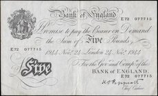 Five Pounds Peppiatt White note B255 Thick paper Metal thread issue dated 24th November 1944 serial number E72 077715 VF or near so