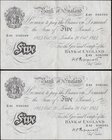 Five Pounds Peppiatt White Notes B255 Thick paper Metal threaded (2) both war-time and early dated for this type 21st October 1944 London branch issue...